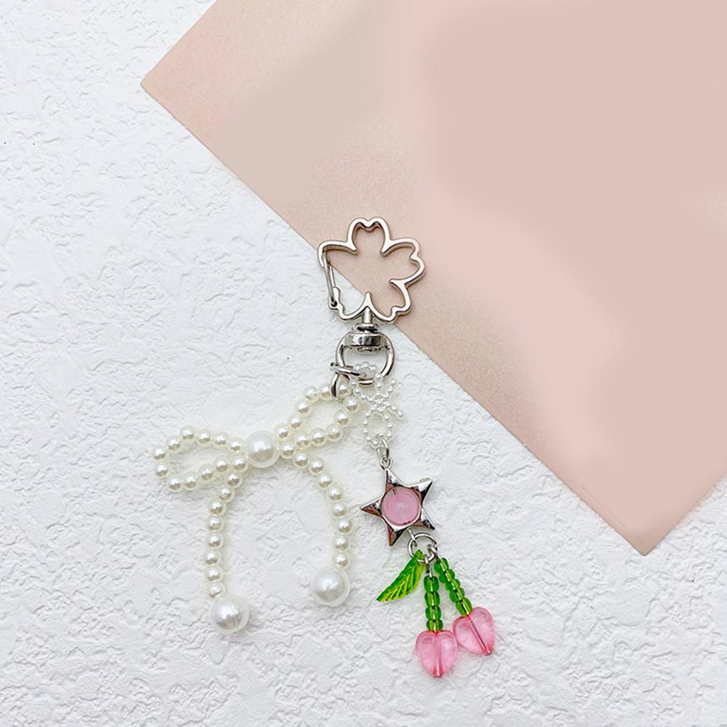 Handmade Pearl Bowknot Keychain with Cherry Keyring Ornament Bag Pendant Fashionable Accessory for Fashion Lovers