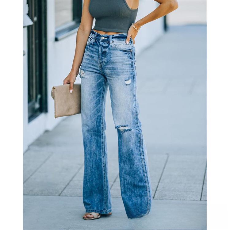 Stylish Mid-Waist Ripped Denim Trousers for Women, Straight Leg Cut