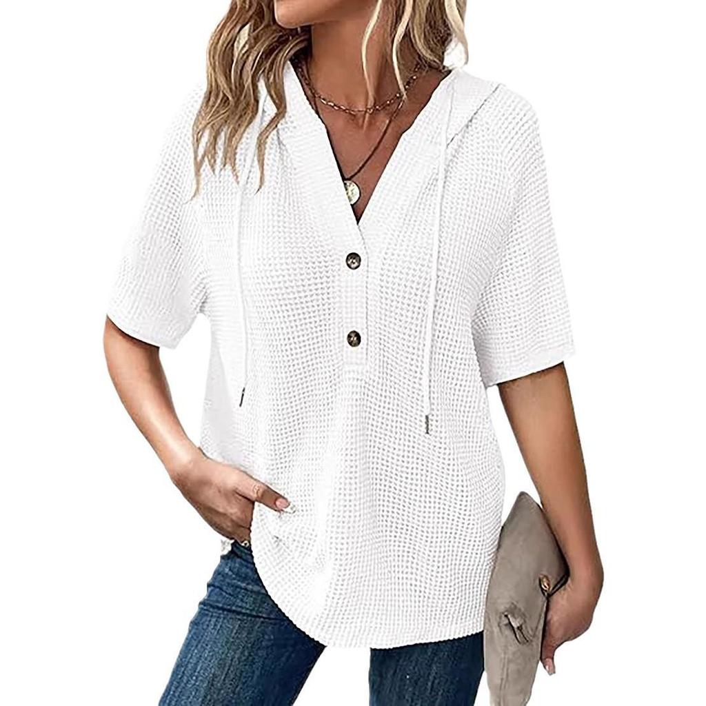Dames Zomer 2025 Wafelbrei V-hals Hoodie – Korte Mouw, Lichtgewicht, Trekkoord Top