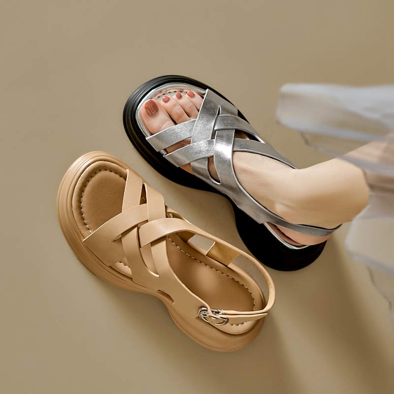 Krazing Pot Sheepskin Peep Toe Thick High Heels Summer Shoes Buckle Straps Platform Weaving Style Women Sandals