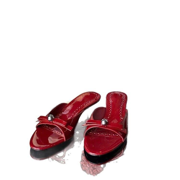 Leather patent leather French temperament kitten heel slippers women's outerwear 2025 summer sandals