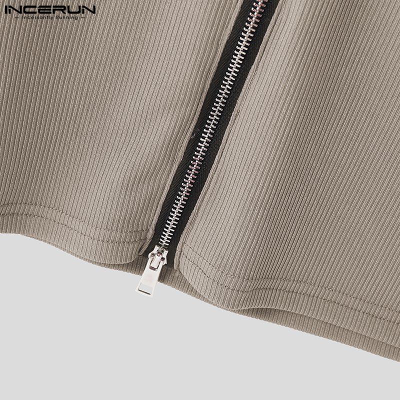 INCERUN Summer Men O Neck Zip-up Sleeveless Rib Sport Casual Fitted Tank Tops