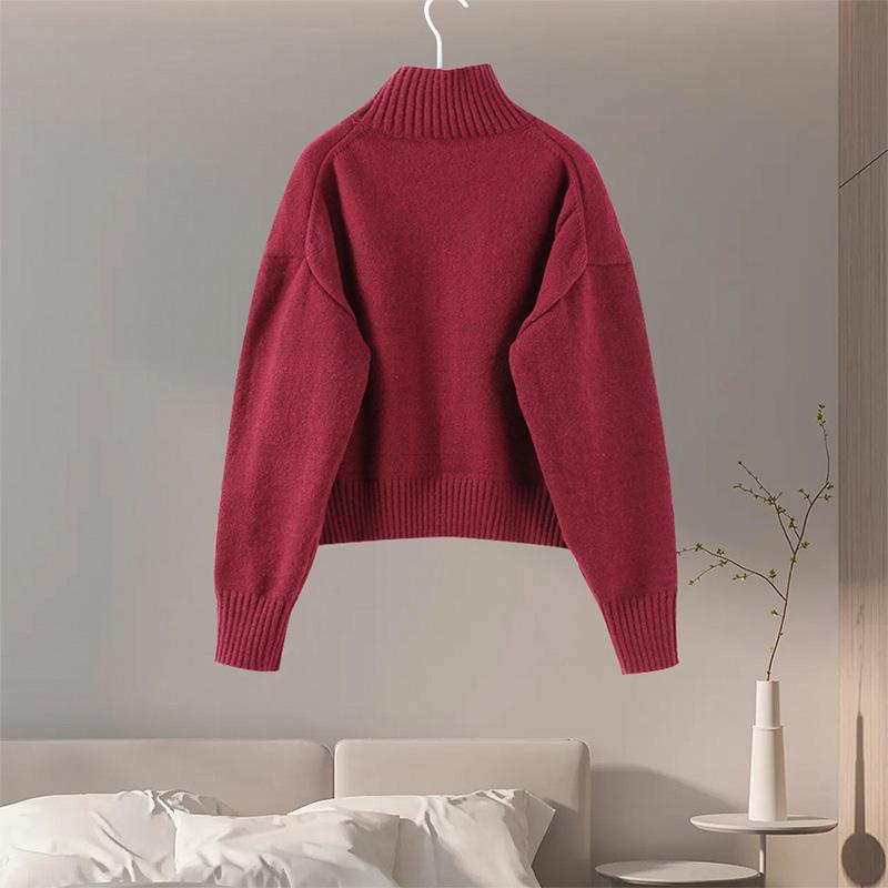Casual Turtleneck Pullover Women Autumn Winter Dark Red Loose Sweater Female Full Sleeves Solid Color Knitwear Lady All-match Pullovers