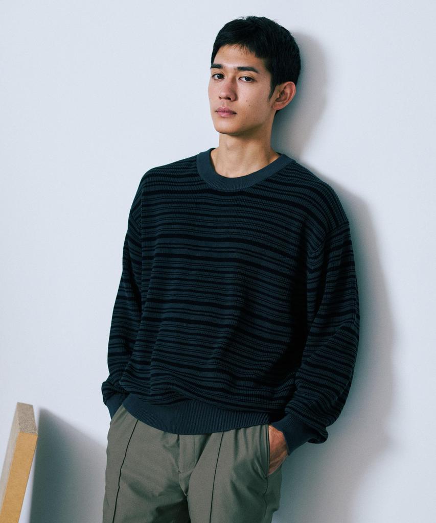 Nano Universe Mercerized Cotton Ribbed Striped Crew Neck Size Pattern Knit, Men's, M, 361, 2, 668-5222220