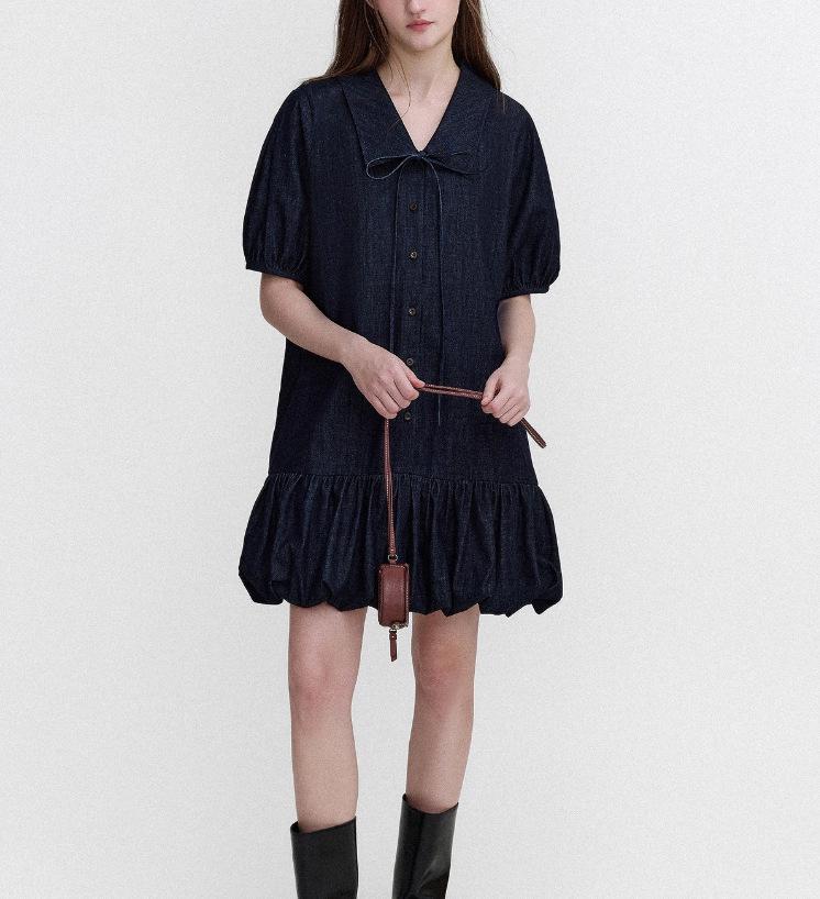 

Leti Romantic Retro Blue Jeans Lace-up Short-Sleeve Dress for Women Small глубокий/джинсовый