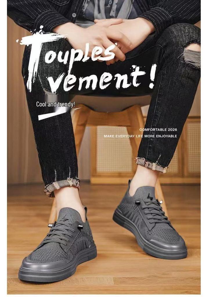 Men's Breathable Mesh Flyknit Casual Shoes - 2026 Spring/Summer Collection, Flat Bottom, Comfortable Board Shoes