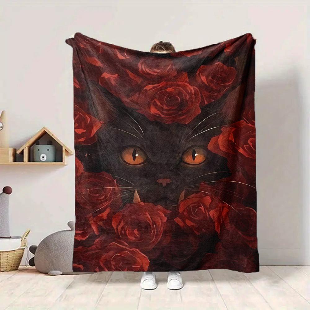 1PC Black Cat Roses Blanket, Throw For Sofa, Bed, Travel, Camping, Livingroom, And Bed, Printing Blanket With Soft And Warm Fabric yy250918202