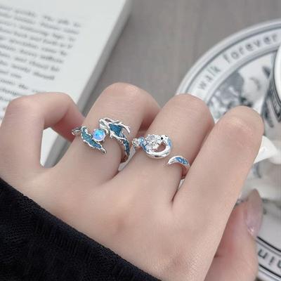 Bague ouverte Serpent Émail Bleu Mer Gouttes d'Huile Personnalité Rétro Dragon Niche Sens du Design Unique Bague Doigt Index Femme