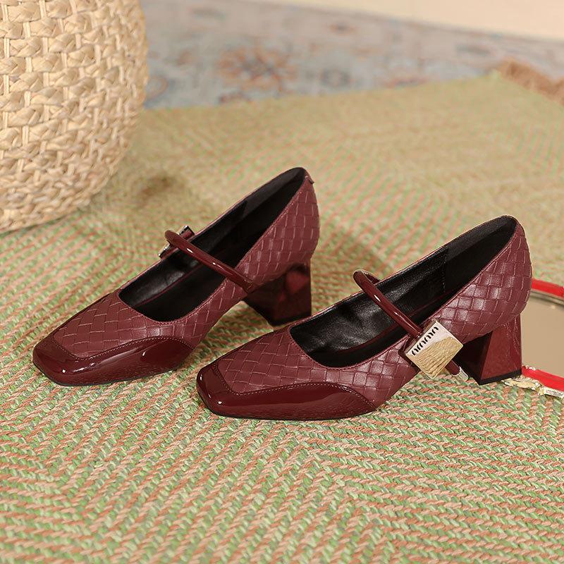 Mary Jane shoes women's middle heel new square head single shoes splicing retro magic buckle word with thick heel high heels