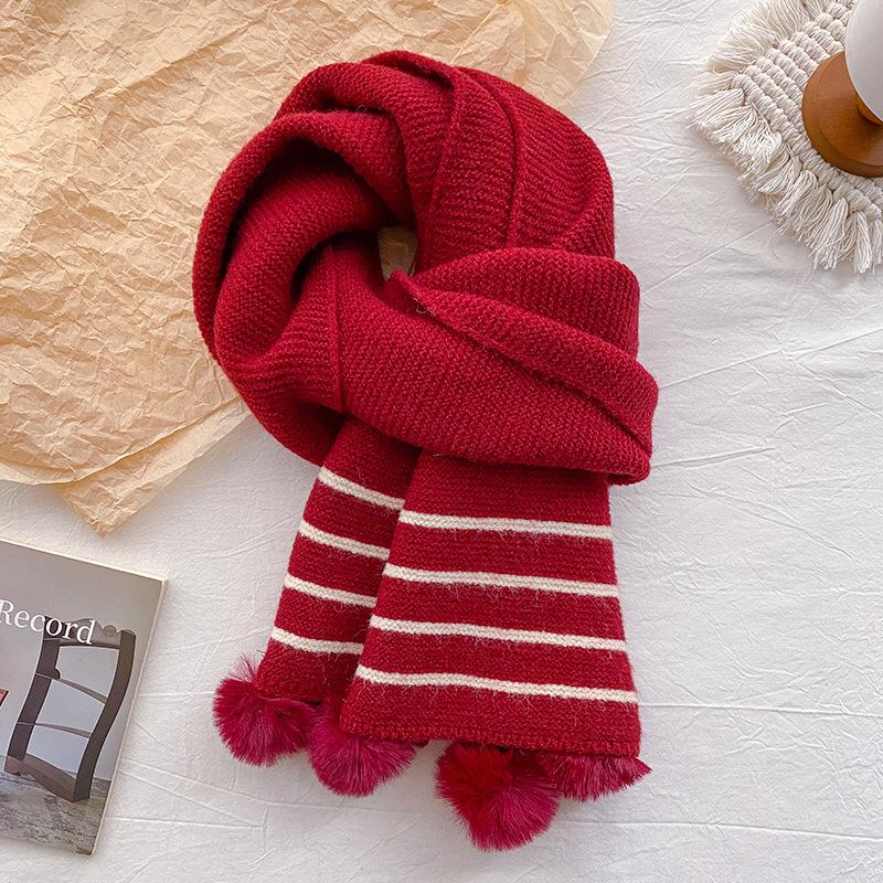 Cute Big Hairball Knitted Scarf Women's New Winter Model with Wool Thickened Contrasting Stripes Wool Warm Scarf