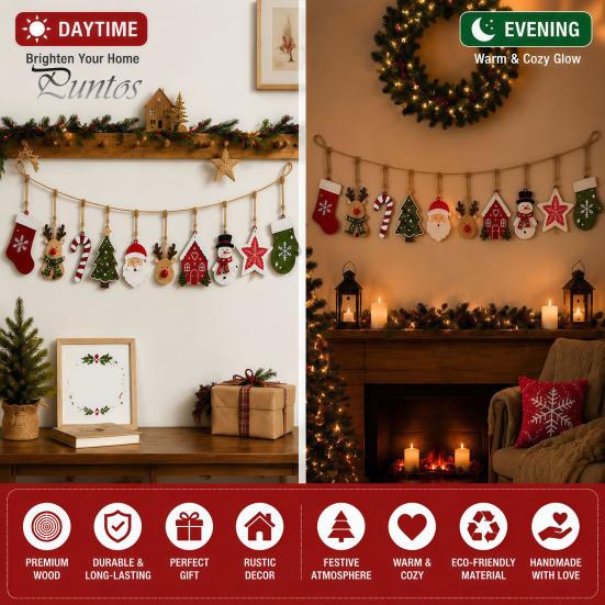 Holiday Party Wall Decor Vintage Christmas Hanging Bunting Garland, 2D Flat Wooden Snowman Elk Stocking Festive Window Showcase Ornaments Tree