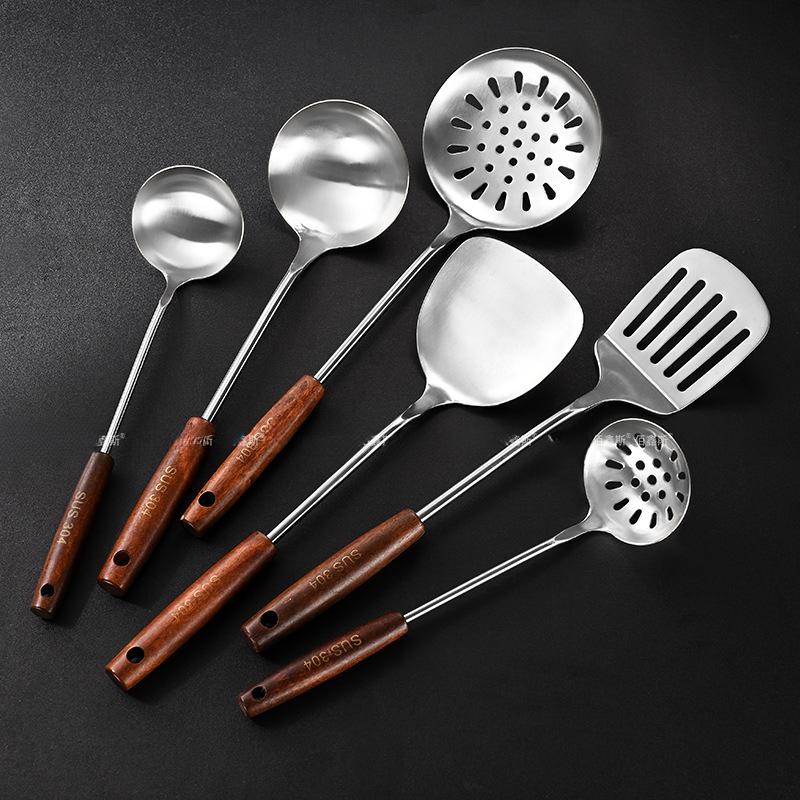 304 Stainless Steel Spatula Ladle Skimmer Set Vintage Wooden Handle High Temp Resistant Kitchen Cooking Utensils