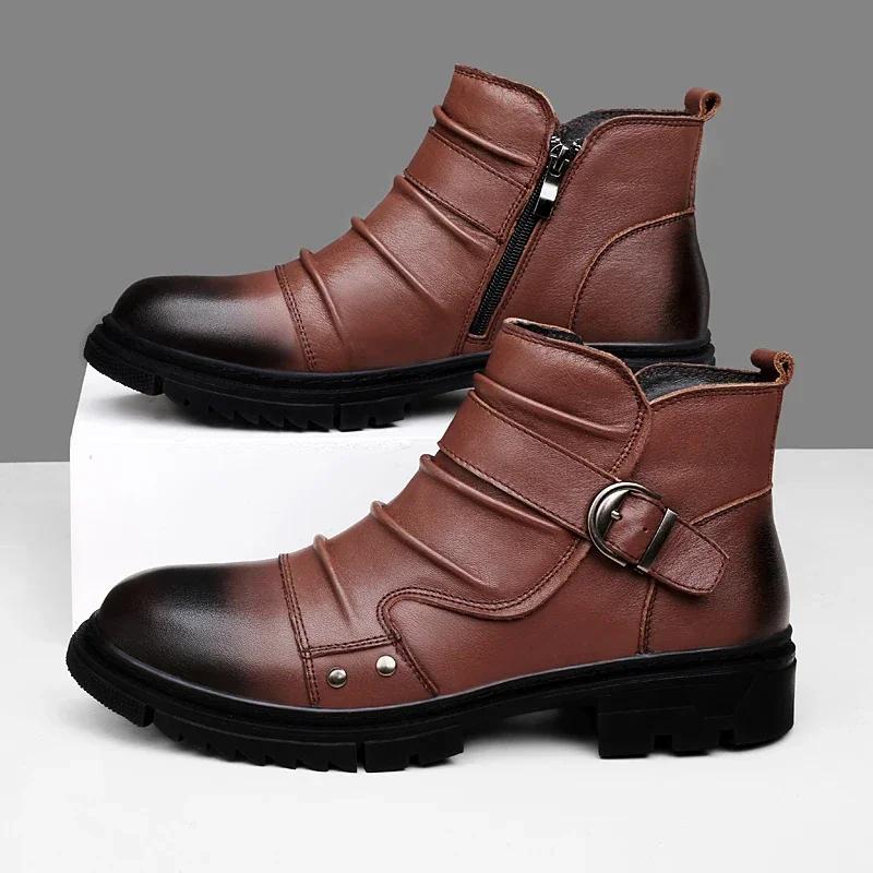 Italská vysoká kvalita Módní pánské boty z pravé kůže Módní ležérní ploché designové outdoorové polokozačky Chelsea s kulatou špičkou pro muže