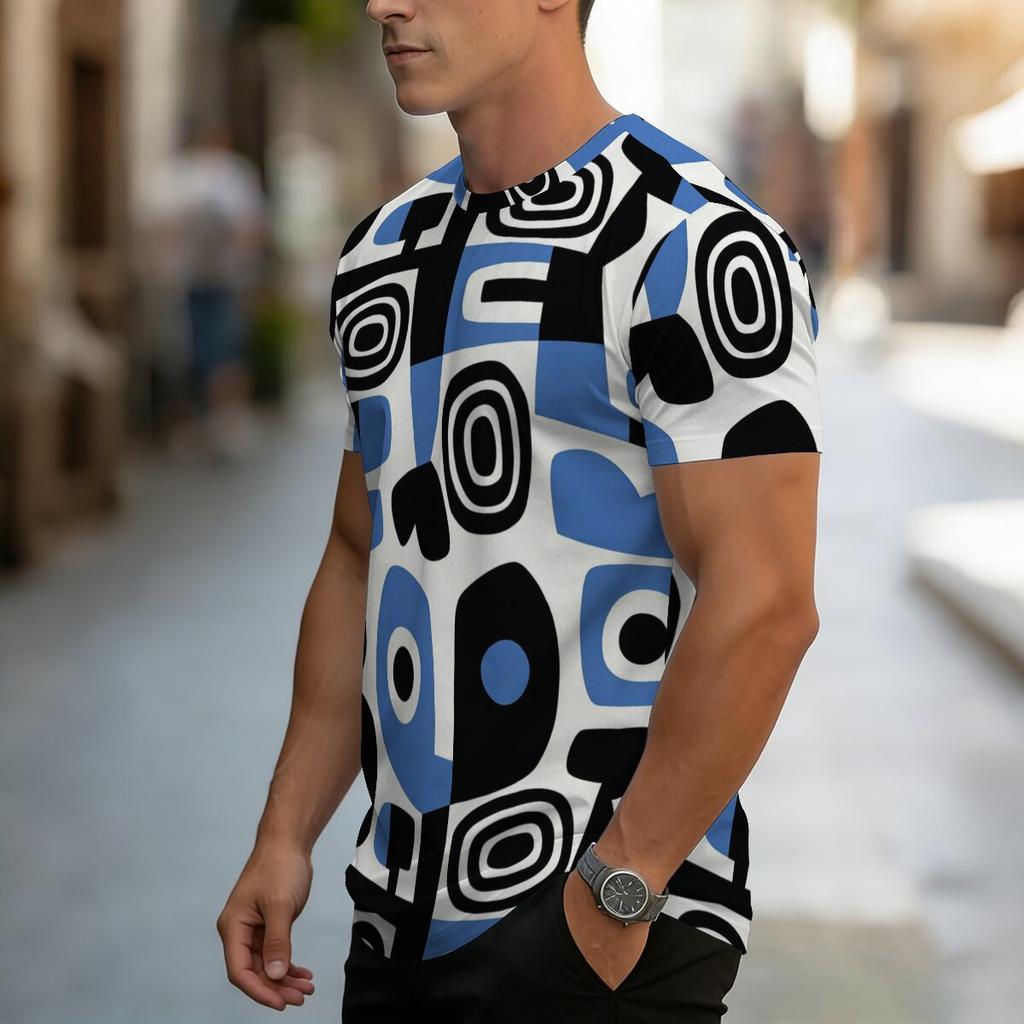 Summer men's geometric printed T-shirt, casual and comfortable, round neck short sleeved