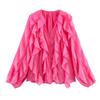 Women's V Neck Long Sleeve Ruffle Chiffon Blouse Loose Fit Lantern Cuff Single Breasted Flowy Shirt Spring Casual Top