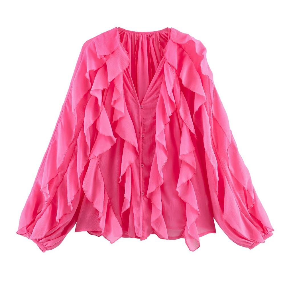 Women's V Neck Long Sleeve Ruffle Chiffon Blouse Loose Fit Lantern Cuff Single Breasted Flowy Shirt Spring Casual Top