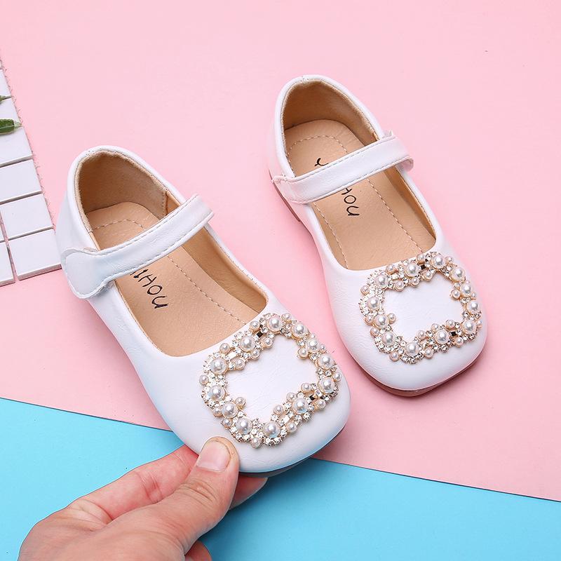 Girls Leather Shoes Kids School Flats Children Dress Shoes Princess Sweet Soft with Heart Shape Square Rhinestone Pearls Party