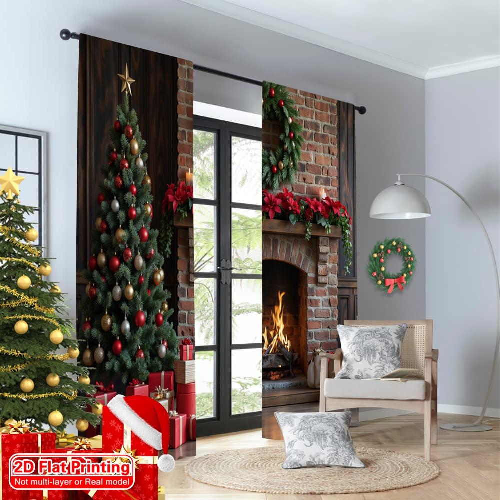 2pcs 2D Flat Printing Christmas Party Curtain Christmas Fireplace Stockings Presents 100% Polyester Without Electricity 0 for