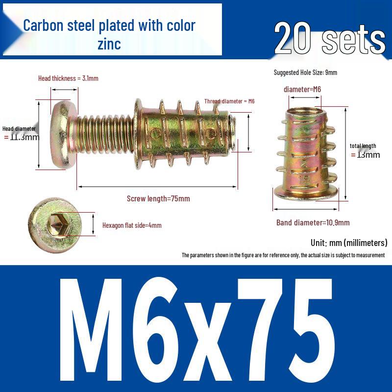 Flat Head Hex Socket Screws & Pre-embedded Nut Set for Wooden Bed Connectors