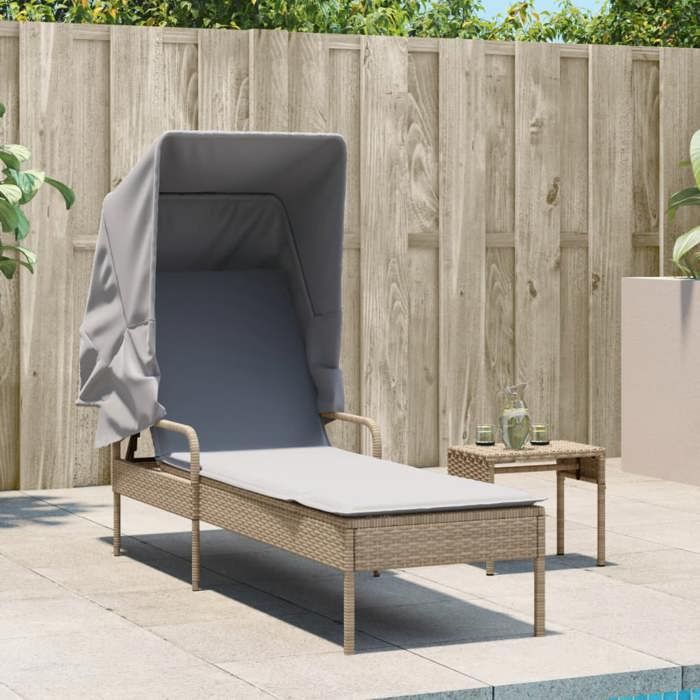 VidaXL Sun Lounger with Canopy and Table Beige Braided Resin, Sunbed, Reclining Lounge Chair, Daybed 368200