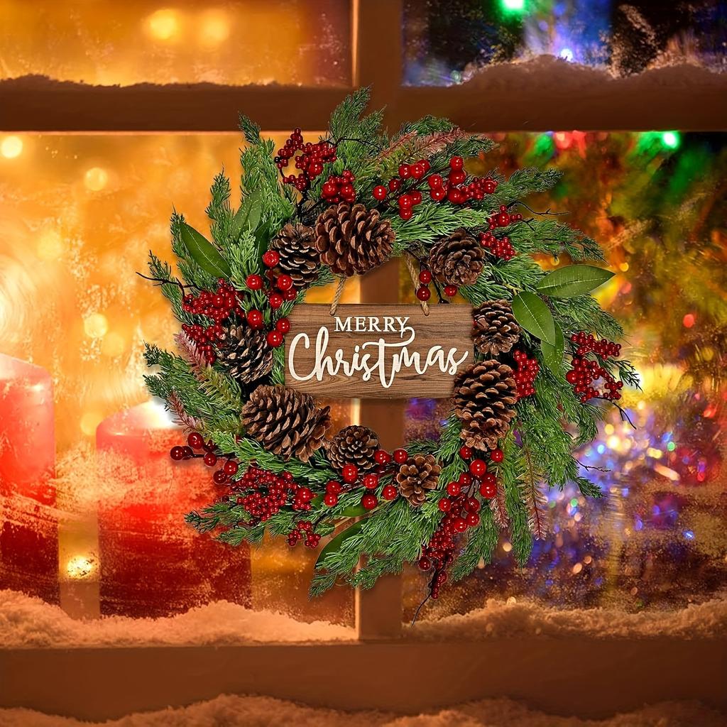 high quality20-Inch Classic Christmas Wreath with Artificial Pinecones & Berries - "Merry Christmas" Festive Door Decor for Indoor/Outdoor Holiday
