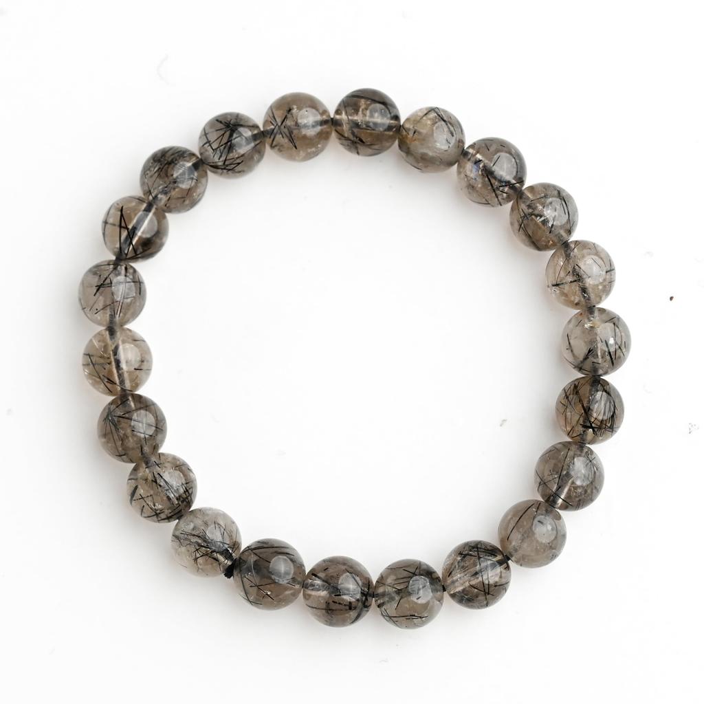 Black Smoky Rutilated Quartz Bracelet Tourmaline in 16cm Wrist Limited Natural Power Prayer Good Luck Feng Shui [Eigado] (Black Quartz) 8.5mm Stone,