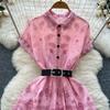 Kobiety Różowa Długa Sukienka Letnia Francuska Retro Krótki Rękaw Drukowane Sukienki Imprezowe Damskie Wąskie A-line Elegancka Długa Suknia Vestidos