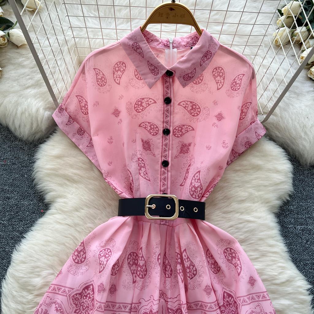 Kobiety Różowa Długa Sukienka Letnia Francuska Retro Krótki Rękaw Drukowane Sukienki Imprezowe Damskie Wąskie A-line Elegancka Długa Suknia Vestidos