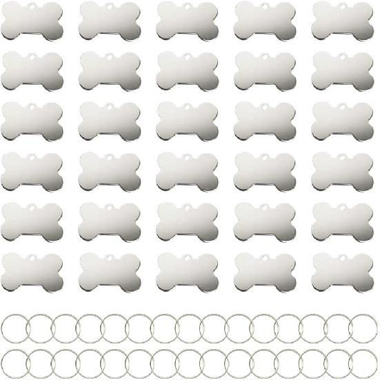 30 Pcs Pet ID Tag Bone Shape 38MM Blank Personalized Aluminium Pendants Tag Dog Cat Pet Name Phone Number ID Tag Charm with Key Ring for Dogs Cats