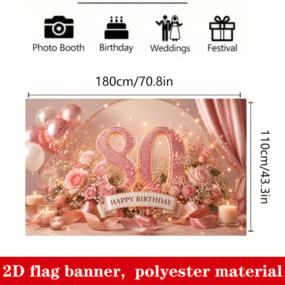 80th Birthday Party Banner Backdrop Rose Pink Polyester Photo Wall Decor