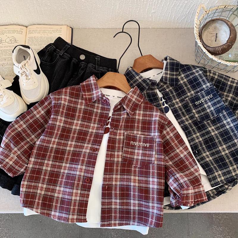 Boys Spring Autumn Plaid Long Sleeve Shirt Korean Casual Button Down Top For Kids