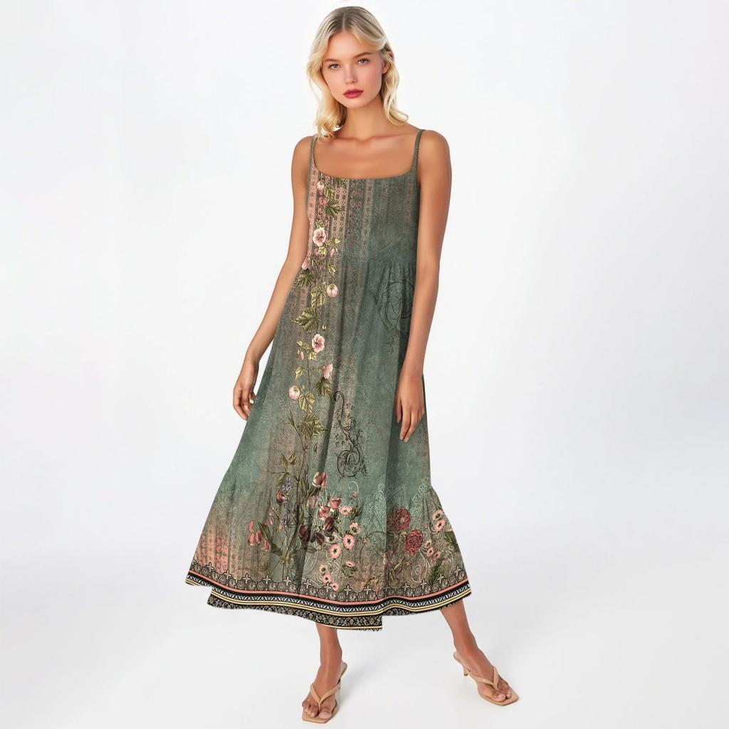 Women's Long Beach Casual Elegant Spaghetti Strap Maxi Dress Floral Low-key Flowing Bohemian Dress
