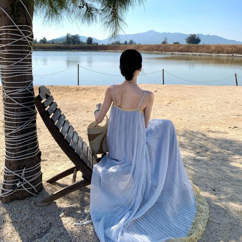 Reengraved Improved Retro Style Pleated Design Lace Suspender Dress Travel Vacation Photo Loose Skirt