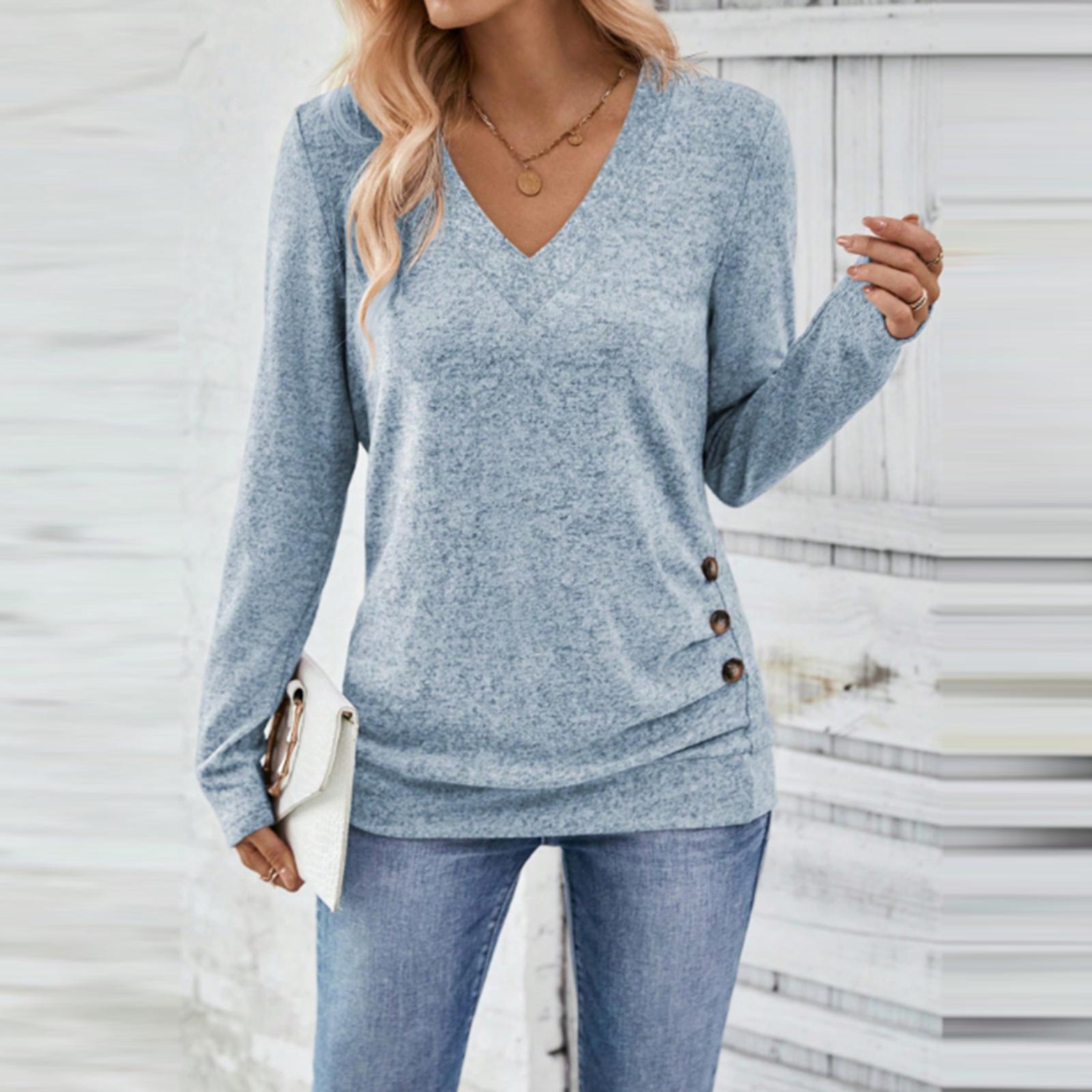 

Женский повседневный модный однотонный топ с V-образным вырезом и длинными рукавами на пуговицах XL