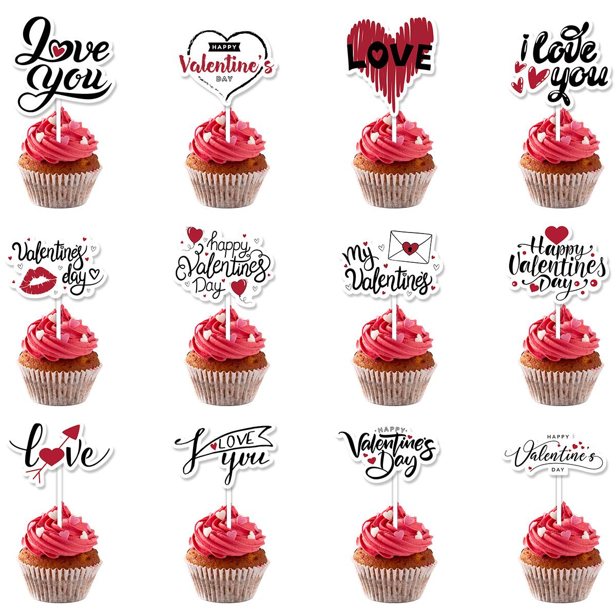 

12pcs Red Heart I Love you XOXO Cake Toppers Valentines Day Cupcake Picks Wedding Engagement Birthday Party Cake Decoration