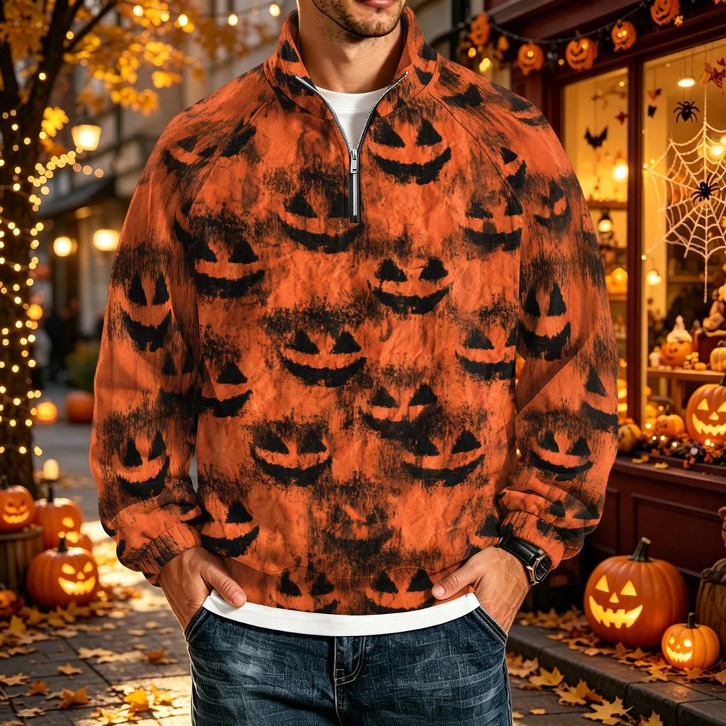 Men's Loose Fit Raglan Sleeve Sweatshirt with Stand Collar and Halloween Print for Parties and Daily Wear