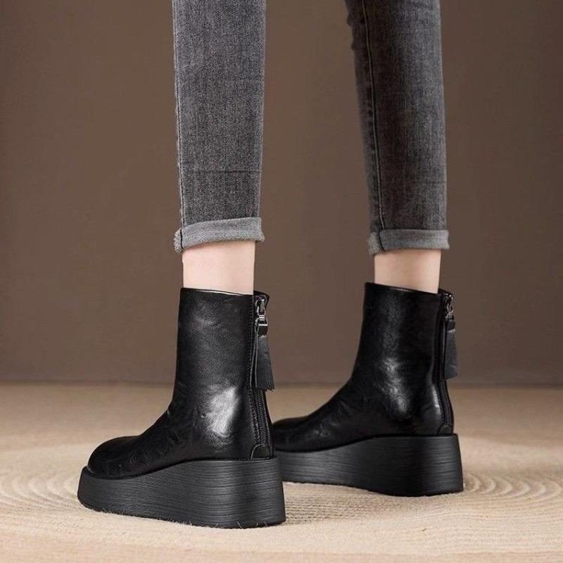 Nowe Wszechstronne Damskie Botki z Miękkiej Skóry, Botki na Koturnie, Antypoślizgowe Damskie Buty z Miękką Podeszwą