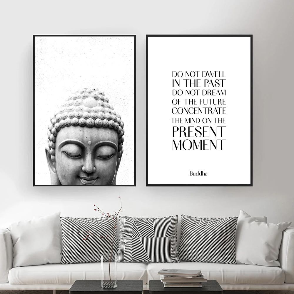 Canvas Painting Buddha Statue Mindfulness Quote Black and White Posters Prints Nordic Wall Art Pictures for Living Room Decor