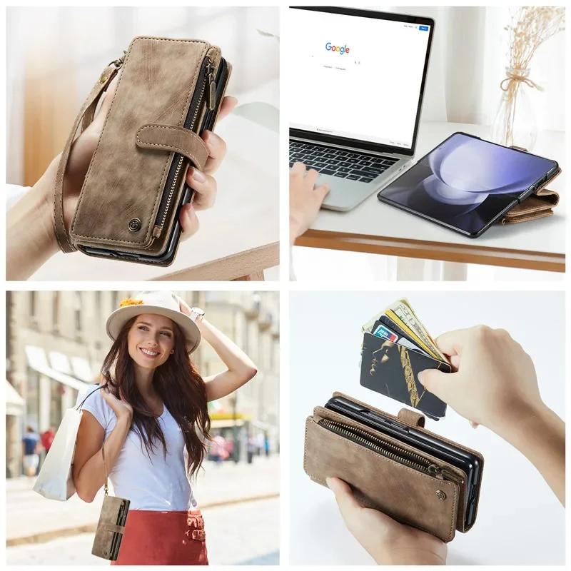 Lanyard Leather Zipper Wallet Card Phone Case For Samsung Galaxy Z Fold 7 6 5 4 Fold6 Fold5 Fold4 Purse Flip Stand Cover