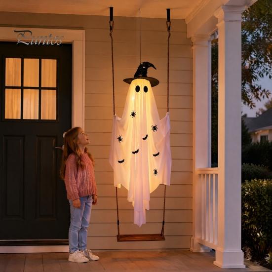 Facile Installazione Decorazioni Giardino Autunnale Grande Altalena Sospesa Fantasma Decorazione di Halloween, 5FT Spettrale su Luci del Portico Controllate da Telecomando con Cappello da Strega per