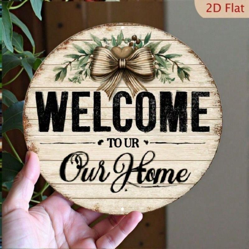 Green Leaf Wreath Gold Bow Tin Sign 20x20cm Home Door Wall Decor