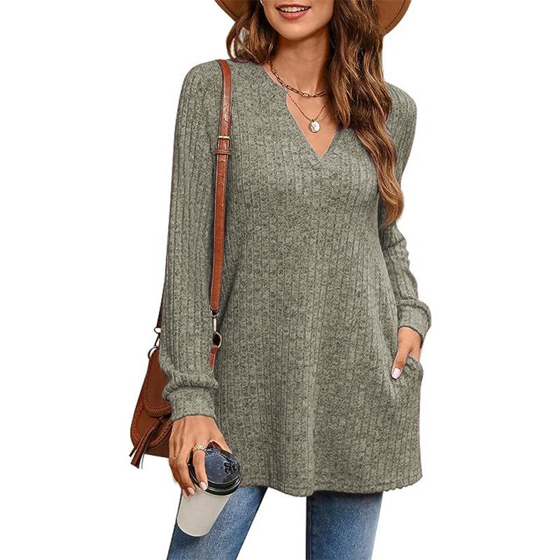 2025 Autumn/Winter Women's European Style Long Sleeve Loose Knit Top with Pockets