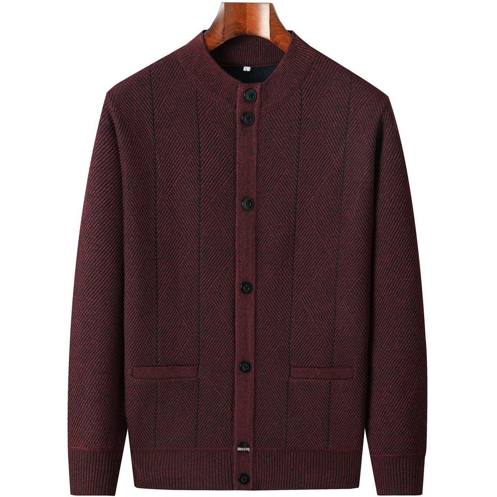 Men's Autumn-Winter Knit Cardigan: Thickened Velvet Sweater for Middle-aged and Elderly Dads and Grandpas.