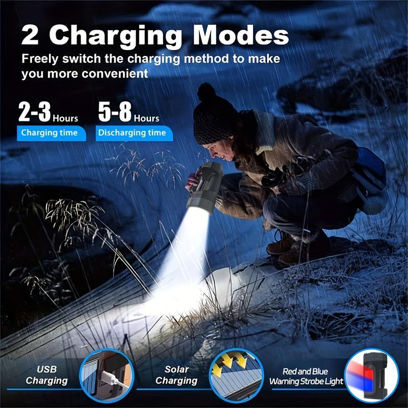 Multi Functional LED Solar Flashlight with Multiple Lighting Modes for Outdoor Hiking, Fishing, and Camping. Portable Searchlight with Durability