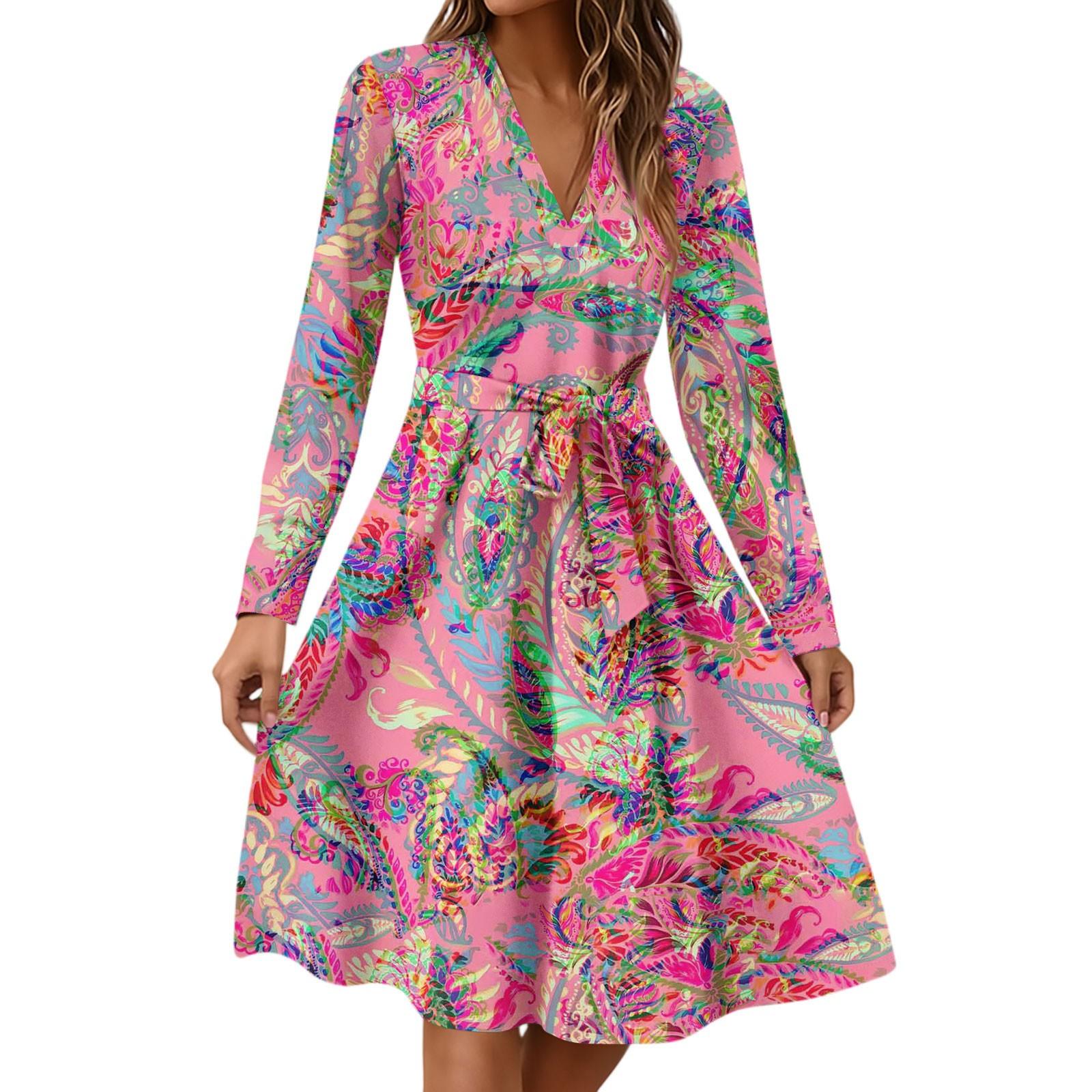

Women s Fashion Casual V-Neck Long Sleeve Waist Floral Print Midi Dress XXL гарячі рожевого кольору