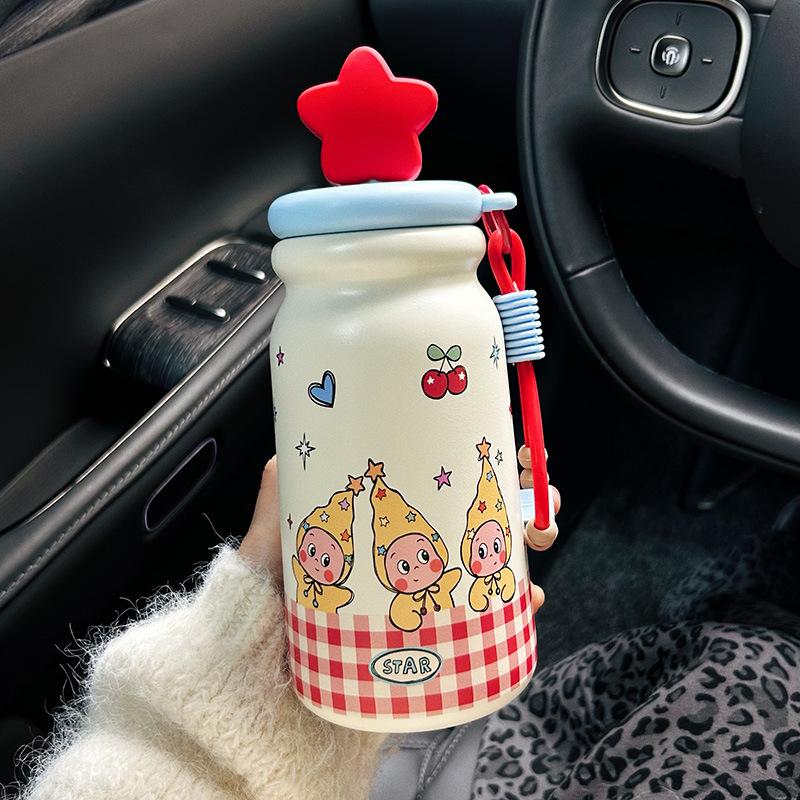 Милая кружка-термос со звездой Kawaii Бутылка для воды из нержавеющей стали с соломинкой Портативный термос для чая, кофе Керамический тамблер для женщины 500ml красный
