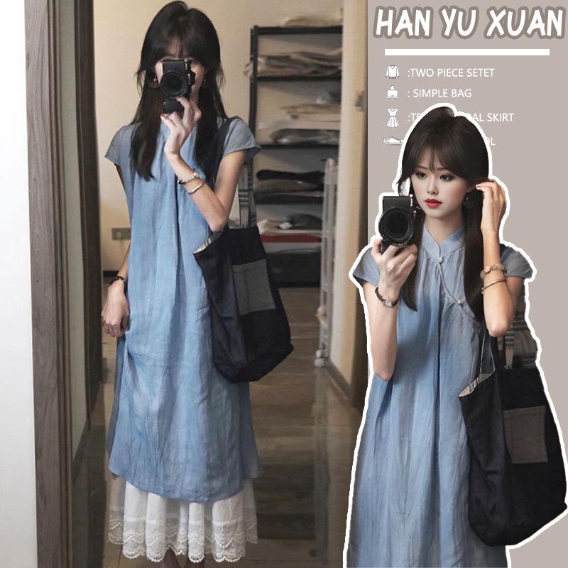 2026 Blue Maternity Qipao: New Zen-Inspired Chinese Summer Dress M
