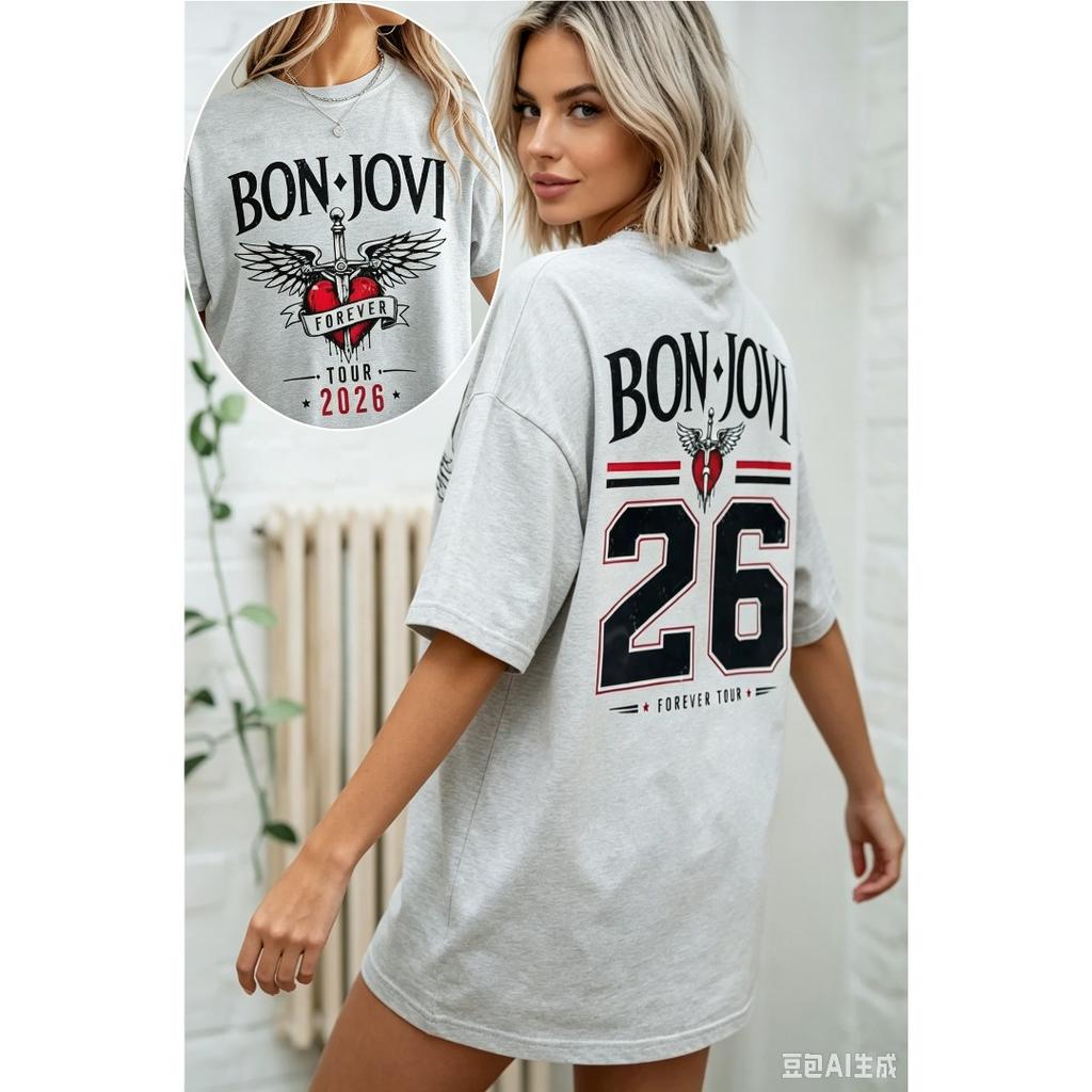 Bon Jovi Print T-Shirt Damen Herren Rundhals Streetwear Harajuku Lässig Übergroß Y2k Kurze Ärmel Lässig Locker Bequem Damen Herren Kleidung