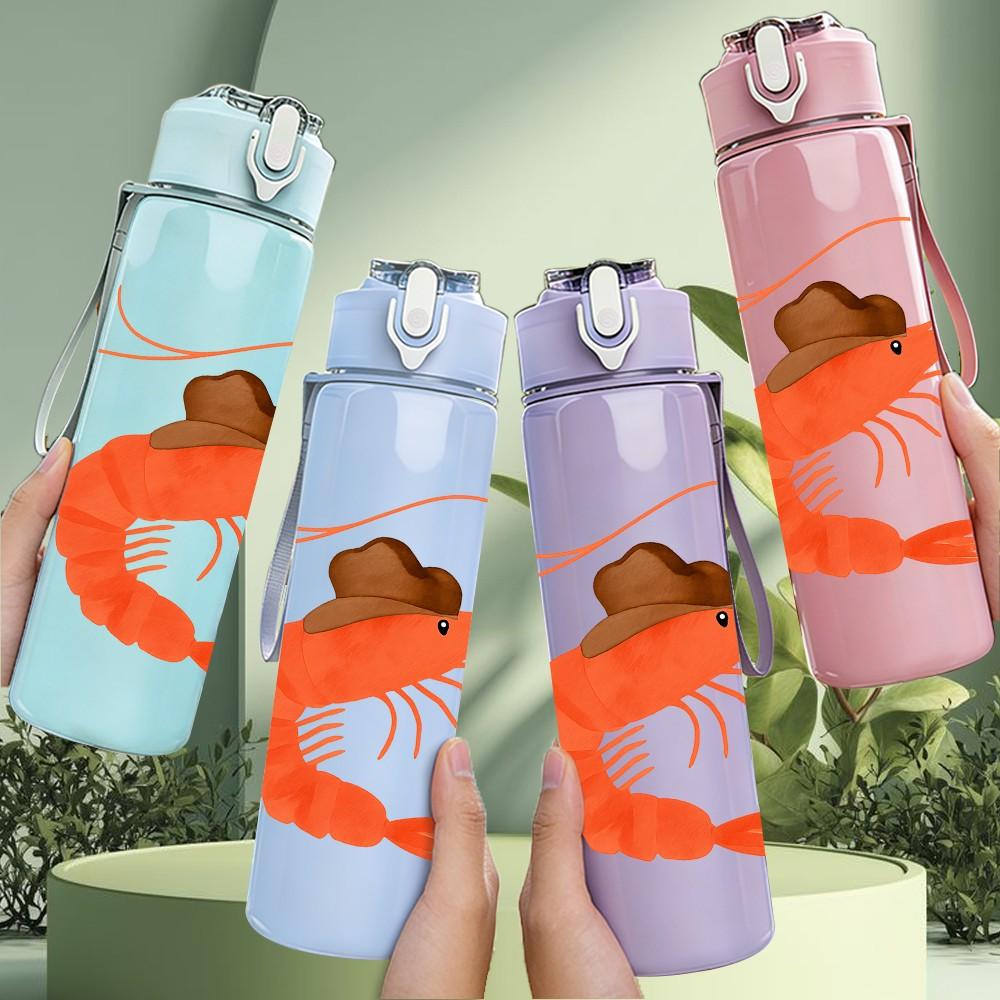 1PC Fresh Shrimp Cartoon Art 750ml Color Plastic Sports Water Bottle Leakproof Flip Straw Lid Suitable for Sports Office Home Use