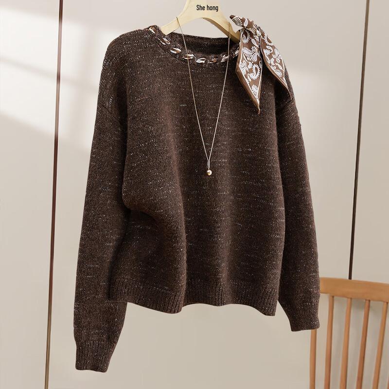 

Women s Wool Blend Round Neck Dropped Shoulder Knit Sweater One Size